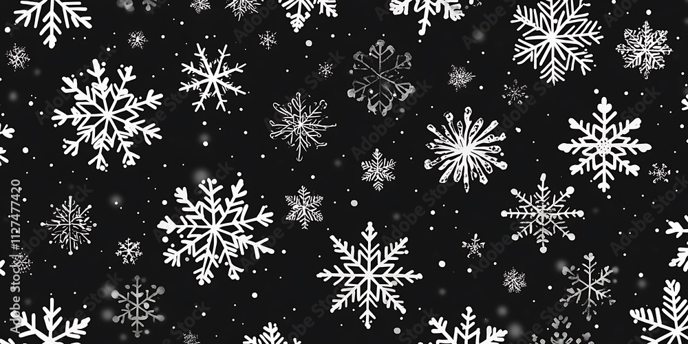 Poster a simple repeated pattern featuring snowflakes suitable for wrapping paper. black and white,