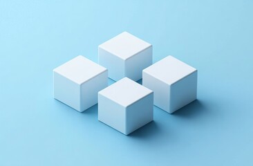 Fototapeta premium Four white cubes arranged on a light blue background.
