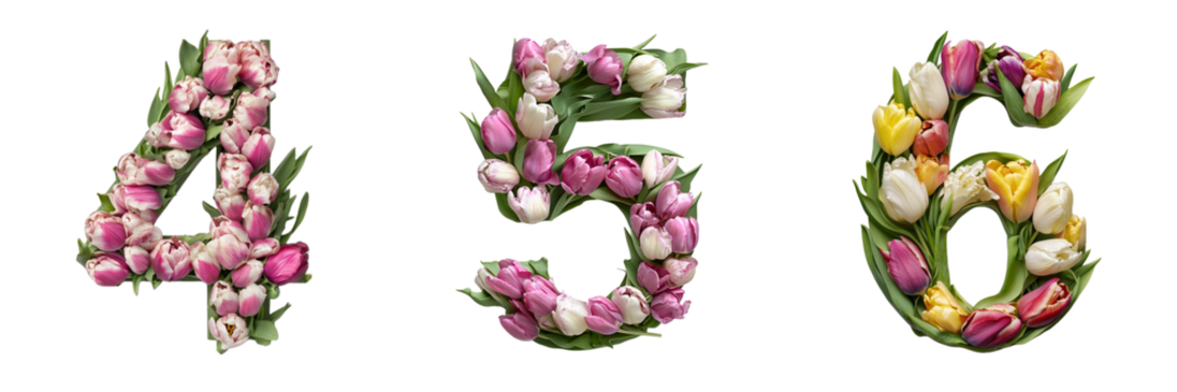4,5, 6 .Tulips alphabet. Numbers with floral elements.Floral numbers design. Composition for card,greetings, invitation, save the date, logo, business. transparent background PNG.  - Powered by Adobe