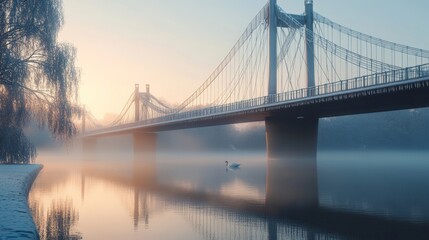 Obraz premium Misty Bridge at Sunrise Reflects on Calm Water with Swan in View