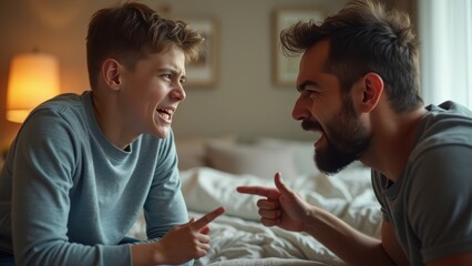 Father and Son Engage in a Playful Argument Indoors During a Cozy Evening at Home