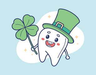 cute tooth with shamrock and leprechaun hat for st. patrick's day