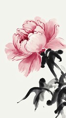 traditional Chinese ink painting of a delicate pink and red peony with soft purple petals, featured in a minimalist style on a white background, perfect for greeting cards