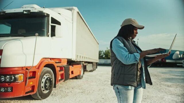Side camera view of African American woman using laptop while standing next to long truck. Typing on keyboard while waiting for next delivery. Looking at location of upcoming trip in online map.