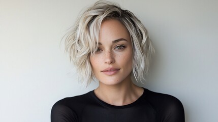 Close-up portrait of a young woman with short, wavy, platinum blonde hair and natural makeup.
