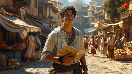 Man with Map in Ancient City Square
