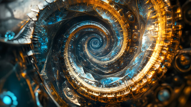 Surreal infinity time spiral in space, antique old clock abstract fractal spiral illustration. Spiral. Illustration