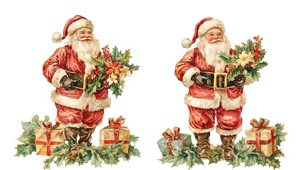 Two vintage watercolor illustrations of Santa Claus holding flowers and gifts. Clip art isolated on a white background, perfect for Christmas designs and decorations 2026 - 2027.