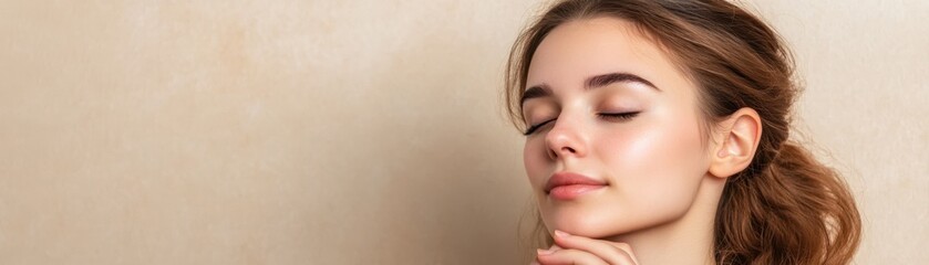 Fototapeta premium A serene young woman with closed eyes expresses tranquility and peace, ideal for wellness, beauty, or skincare branding, This image conveys relaxation and self-care themes,