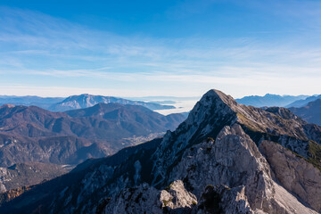 Mountain summit Jof di Miezegnot seen from top of mount Piper in Julian Alps, Friuli Venezia...