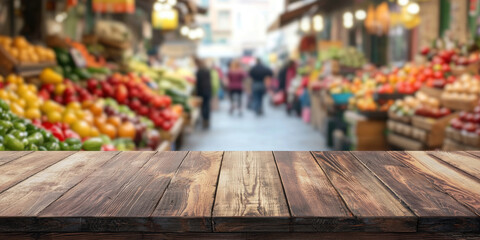 Fototapeta premium An empty wooden tabletop with a natural grain texture, set against a blurred background of people browsing colorful fruit and vegetable stalls at a bustling street market