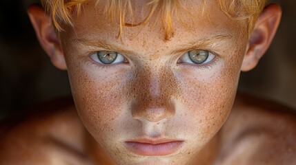 A boy with a green eye stares at the camera. The boy has a red head and a green eye