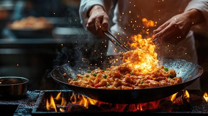 Fototapeta premium A chef skillfully stir-fries ingredients in a wok, creating a fiery cooking scene.