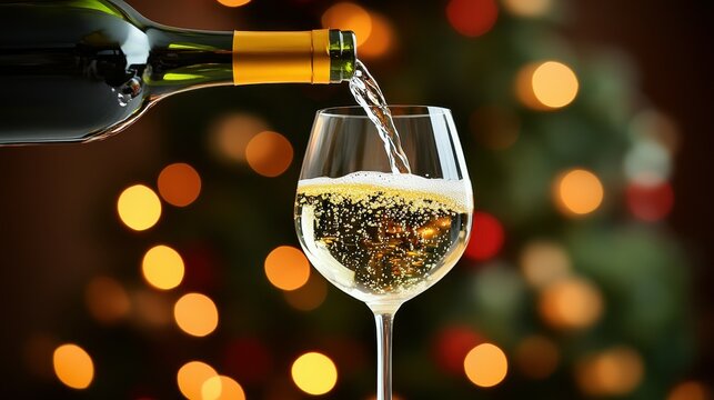 A bottle of wine is poured into a wine glass. The wine is poured into the glass in a slow and steady manner. Concept of relaxation and enjoyment, as the wine is being poured into the glass