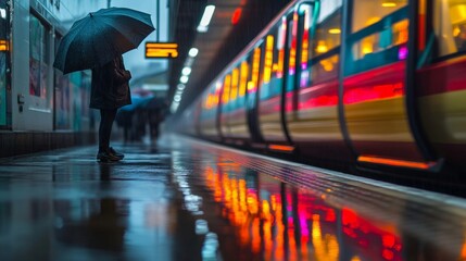 A Person Waiting at a Rainy Train Station with Umbrella and Colorful Reflections