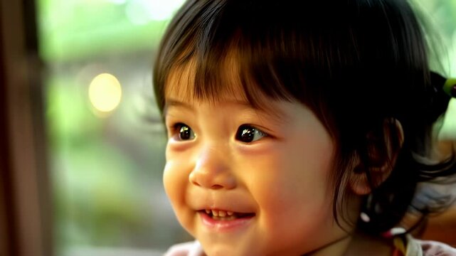 A young child with bright eyes enjoys an afternoon in a lively park, captivated by the surrounding sights and sounds, radiating joy and curiosity in the beautiful atmosphere.
