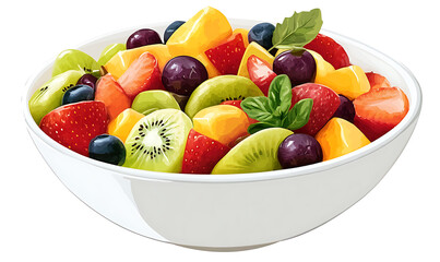 vibrant bowl of fresh fruit salad featuring strawberries, kiwi, mango, raspberries, and blueberries in a white bowl,  isolated on transparent background.