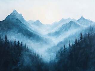 Naklejka premium Misty blue mountains, dark forest, serene landscape.
