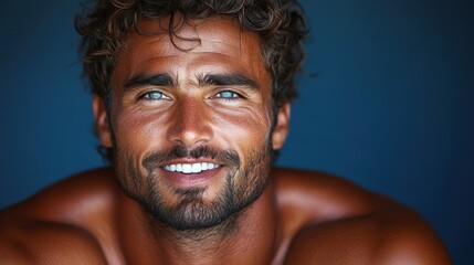 A man with a beard and a blue shirt is smiling. He has a blue shirt on