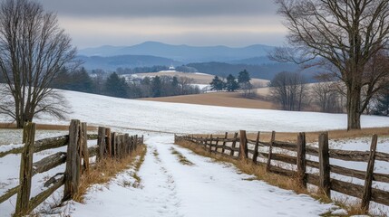 Winter Wonderland: Snow Covered Pathway Leading to Distant Mountains
