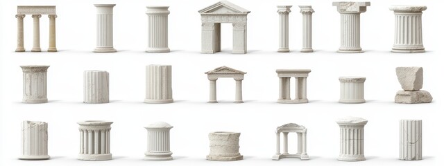 Collection of classical white columns and architectural elements