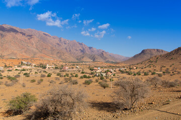 Rural and mountainous landscape along the Atlas Mountains in Morocco
