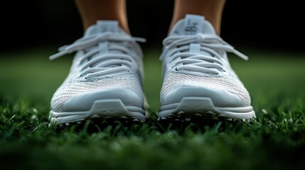A pair of white Nike shoes are shown on a green field. The shoes are white and have a black stripe on the side. The shoes are standing on the grass, and the image has a calm and peaceful mood