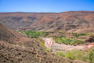 Rural and mountainous landscape along the Atlas Mountains in Morocco