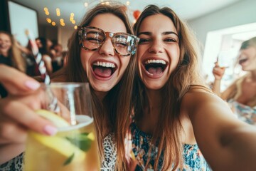 A lively gathering of women celebrating together at a house party. The two girls capture a joyful moment, laughing, drinking, and enjoying the festive energy of the event