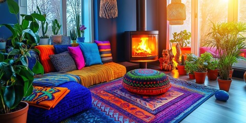 Burning fireplace warming bohemian living room with colorful pillows and plants