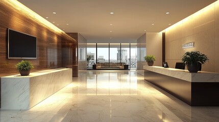 Modern Office Lobby Interior Design: Luxurious Reception Area with Marble Floors and City Views
