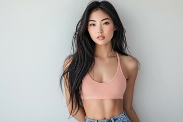 Fototapeta premium Portrait of an Asian female model with long black hair