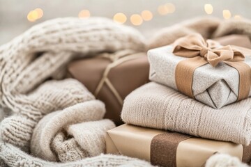 Soft, elegant gifts wrapped in cashmere scarves create a warm atmosphere. Muted tones and luxurious textures evoke comfort and sophistication, perfect for New Year's celebrations