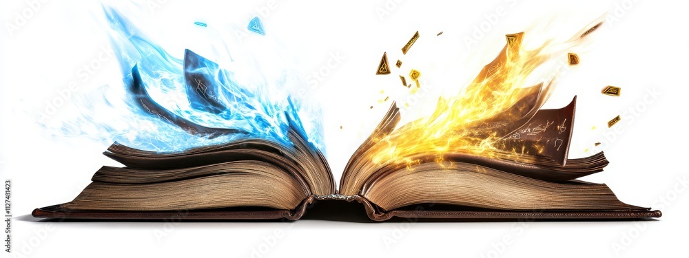 Poster magical book with elemental powers split in two