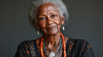 A woman with a black dress and a necklace with beads on it. She is smiling. The necklace is made of beads and is hanging around her neck