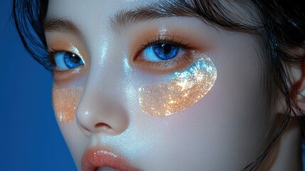 Fototapeta premium A woman with blue eyes and gold glitter on her face. The glitter is on her eyes and cheeks, giving her a glamorous and eye-catching look