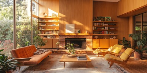 Mid-century modern living room interior with fireplace and wood paneling