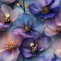 Colorful luxury watercolor seamless pattern with alcohol ink floral spring flowers and golden glitter texture.

