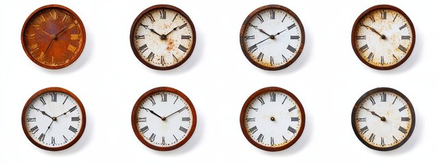 Collection of vintage clocks on a white background