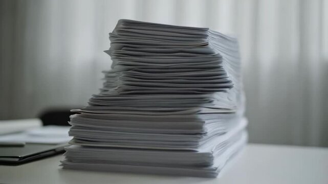 Towering stack of papers on office desk amidst workload growth