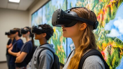Students using VR headsets in a classroom, experiencing immersive learning.