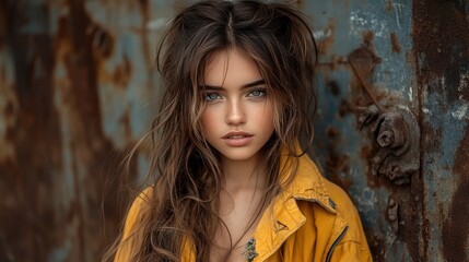 Fototapeta premium A woman with long brown hair and blue eyes is wearing a yellow jacket. She is standing in front of a wall with a rusty door
