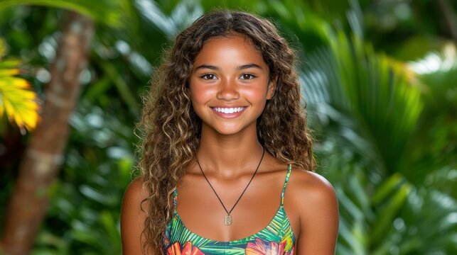 A woman with long brown hair is smiling and wearing a green and yellow bikini top. She is wearing a necklace and has a necklace hanging from her neck