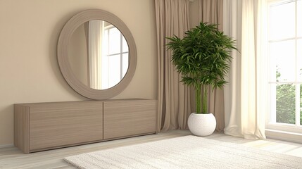 Modern living room decor featuring a mirror, plant, and natural light