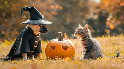 Halloween Dog and Kitten