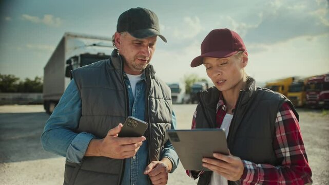 Caucasian man and woman standing at truck pit stop. Discussing something while looking at information on tablet device. Having issues about order information or delivery confirmation from customer.