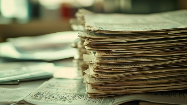 Stacks of detailed medical coding bills and billing codes are displayed on a desk, showcasing the essential paperwork required for accurate healthcare billing processes in a busy office environment