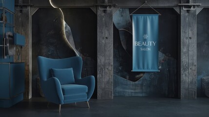 Stylish Beauty Salon Interior with Blue Accent Chair and Elegant Signage. Chic beauty salon interior featuring a plush blue chair, modern wall design, and a hanging decoration. Perfect for s...