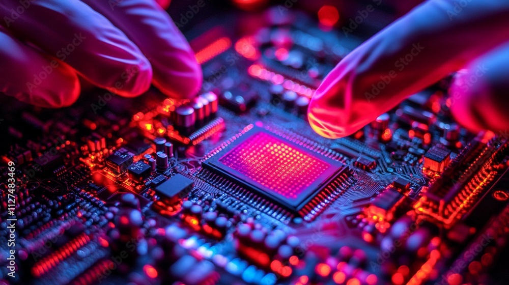 Poster close-up of hands in gloves working on a glowing circuit board at a technology lab