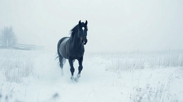 Black horse in snow, winter portrait outdoors or outside, beautiful equine against cold landscape, white nature backdrop for stallion, animal beauty in frosty field, powerful creature runs free.